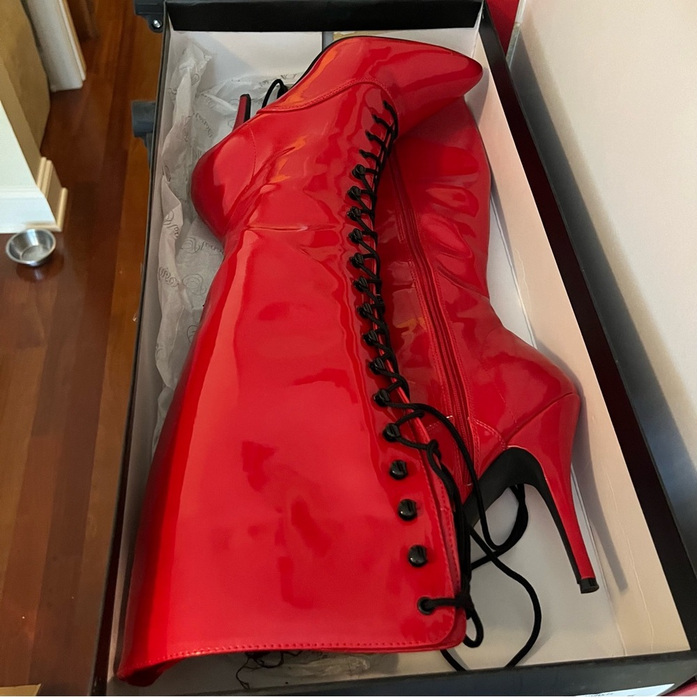 Bright red Pleaser boots - knee high, side zip, size 11